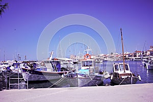 Greece,Port of Aegina town with yachts and fishermen boats docked in Aegina island, Saronic gulf, Greece