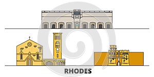 Greece, Rhodes flat landmarks vector illustration. Greece, Rhodes line city with famous travel sights, skyline, design.