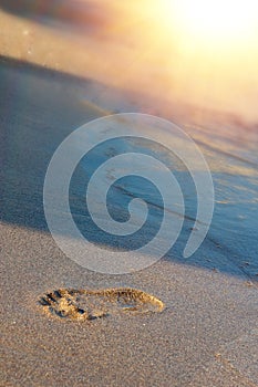 Greece, Rhodos - footprints on sand beach along the edge of sea.