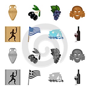 Greece, running, wine, flag .Greece set collection icons in cartoon,monochrome style vector symbol stock illustration