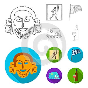 Greece, running, wine, flag .Greece set collection icons in outline,flat style vector symbol stock illustration web.