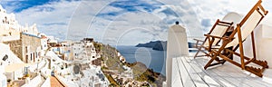 Greece Santorini island, caldera view with blue sea bay. Couple honeymoon destination scenic