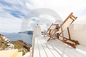 Greece Santorini island, caldera view with blue sea bay. Couple honeymoon destination scenic