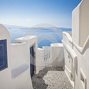 Greece, Santorini island, Oia. Conceptual background, white architecture of a narrow street. Abstract background. Greek Islands,