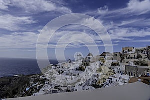 Greece, Santorini, Oia, view of the village with windmills