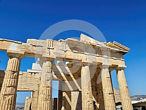 Greece, scenic view of Propilei entrance of Acropolis of Athens under dramatic sky