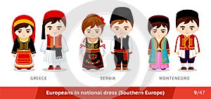 Greece, Serbia, Montenegro. Men and women in national dress.