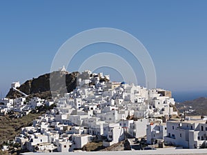 GREECE SERIFOS ISLAND CHORA VILLAGE WHITE WASHED HOUSES CASTLE BLUE SKY