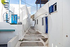 Greece, Serifos island. Traditional white building and narrow street, at Chora town  Cyclades