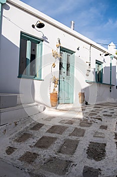 Greece, Serifos island. Traditional white building and narrow street, at Chora town  Cyclades