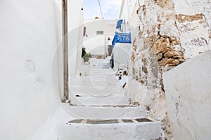 Greece, Serifos island. Traditional white building and stone stair at Chora town Cyclades