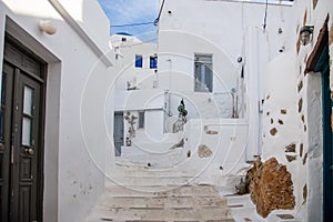 Greece, Serifos island. Traditional white building and stone stair at Chora town Cyclades
