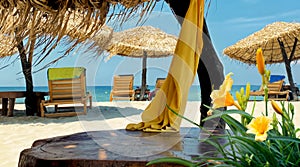 Greece Straw umbrellas wooden deck chairs wooden table on the bed blue sky  , sea, yellow lilies ,white sand beach summer  holiday