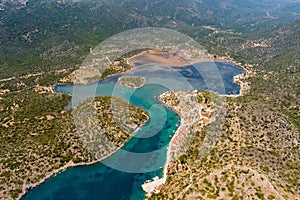 Greece in summer time , aerial view of mainland beach of Aegean sea , sailing travel