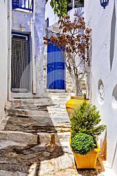 Greece- traditional narrow streets of  old village Chora in Amorgos, Cyclades, Greece