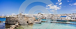 Greece travel banner Naoussa city Paros island famous destination panoramic landmark with buildings and sea port