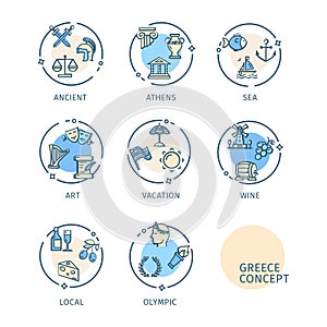 Greece Travel and Tourism Concept Thin Line Icons Labels Set. Vector