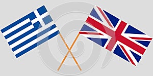 Greece and UK. Crossed Greek and United Kingdom flags. Official colors. Correct proportion. Vector