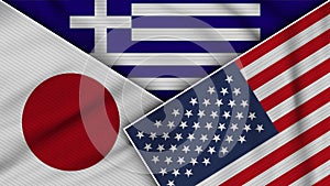 Greece United States of America Japan Flags Together Fabric Texture Illustration