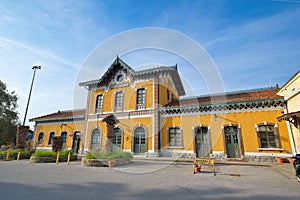 Greece, Volos Railway Station, Vintage Architecture. emblematic building of the city of Volos