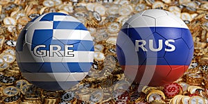 Greece vs. Russia Soccer Match - Soccer balls in Greece and Russia national colors on a bed of golden dollar coins.