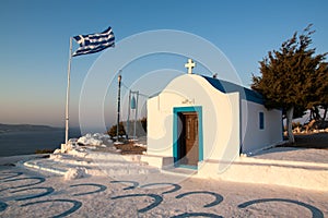 Greece white church with flag, Faliraki Rhodes island