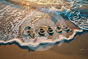 Greece written in the sand on a beach. Greek tourism and vacation background