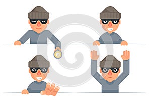 Greedily evil thief grabbing hand flashlight peeping out surrender give up cartoon characters set flat design isolated