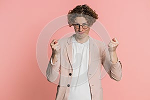Greedy avaricious man showing fig negative gesture you don't get anyway, refusal fig sign rapacious photo
