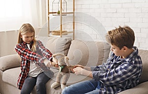 Greedy Brother And Sister Pulling Apart Toy Sitting On Sofa