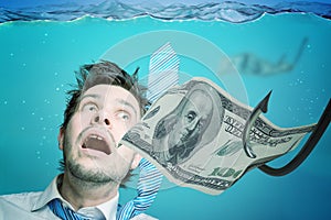 Greedy businessman is swimming in water and catching money on bait. Fraud concept