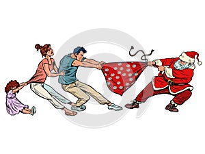 A greedy family takes a bag of gifts from Santa Claus. Christmas and New Year winter holidays