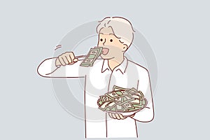 Greedy man eats money from plate, symbolizing greed and ambition for wealth or big salary