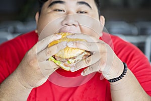 Greedy overweight man eating a big hamburger
