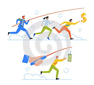 Greedy People Chasing for Big Money on Rod, Cash Race Concept. Competitors Striving for Richness and Wealth