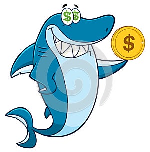 Greedy Shark Cartoon Mascot Character Holding A Golden Dollar Coin