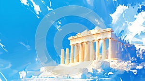 Greek American Heritage Month. Background with Greek temple against blue sky illustration. Copy space