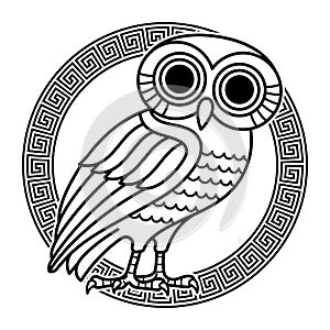 Greek ancient coin from Athens, vintage illustration. Old engraved illustration of an owl and greek ornament meander