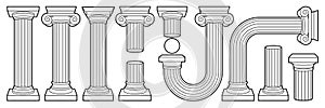 Greek ancient column, pillar, pedestal in outline contemporary style. Black and white colors.