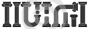 Greek ancient column, pillar, pedestal in outline contemporary style. Black and white colors.