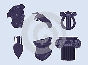 Greek ancient sculpture mystic set. Vector hand drawn illustrations of antique statues in trendy bohemian. Boho tattoo