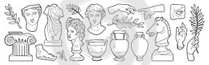 Greek ancient sculpture set. Vector hand drawn illustrations of Antique classic statues in modern style.