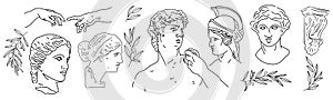 Greek ancient sculpture set. Vector hand drawn illustrations of antique classic statues in trendy bohemian style.