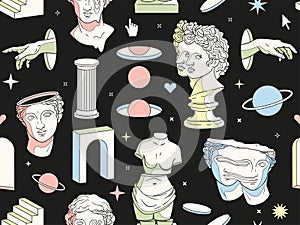 Greek ancient statues and surreal elements in trendy psychedelic weird style. Seamless vector pattern.
