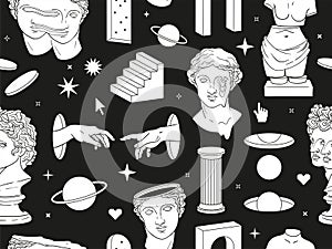 Greek ancient statues and surreal elements in trendy psychedelic weird style. Seamless vector pattern.