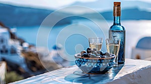 Greek aniseed drink Ouzo in a glass bottle with two shot glasses and Greek olives.