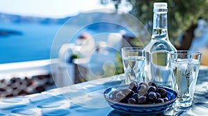 Greek aniseed drink Ouzo in a glass bottle with two shot glasses. photo