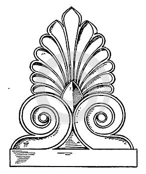 Greek Antefix is found in the lower roof line, vintage engraving