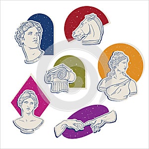 Greek Antique statue, ancient sculpture art sticker set. Vector color geometry surrealism. Head, hand, horse, column