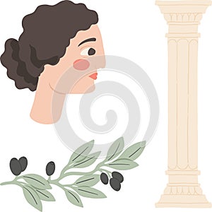 Greek antique woman portrait, olive branch, and Mediterranean column. Travel or vacation concept.